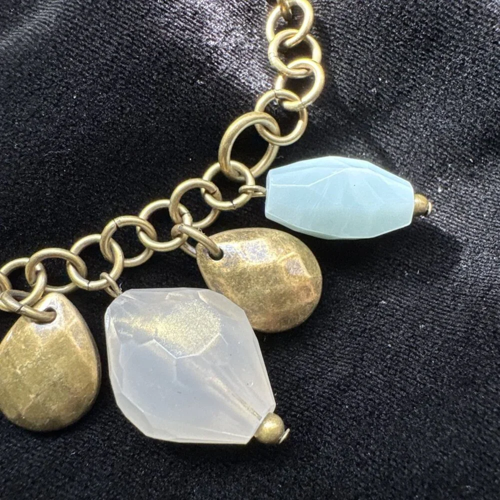 Premier Designs Beaded Charm Bracelet Blue Cream Dark Goldtone 8.5